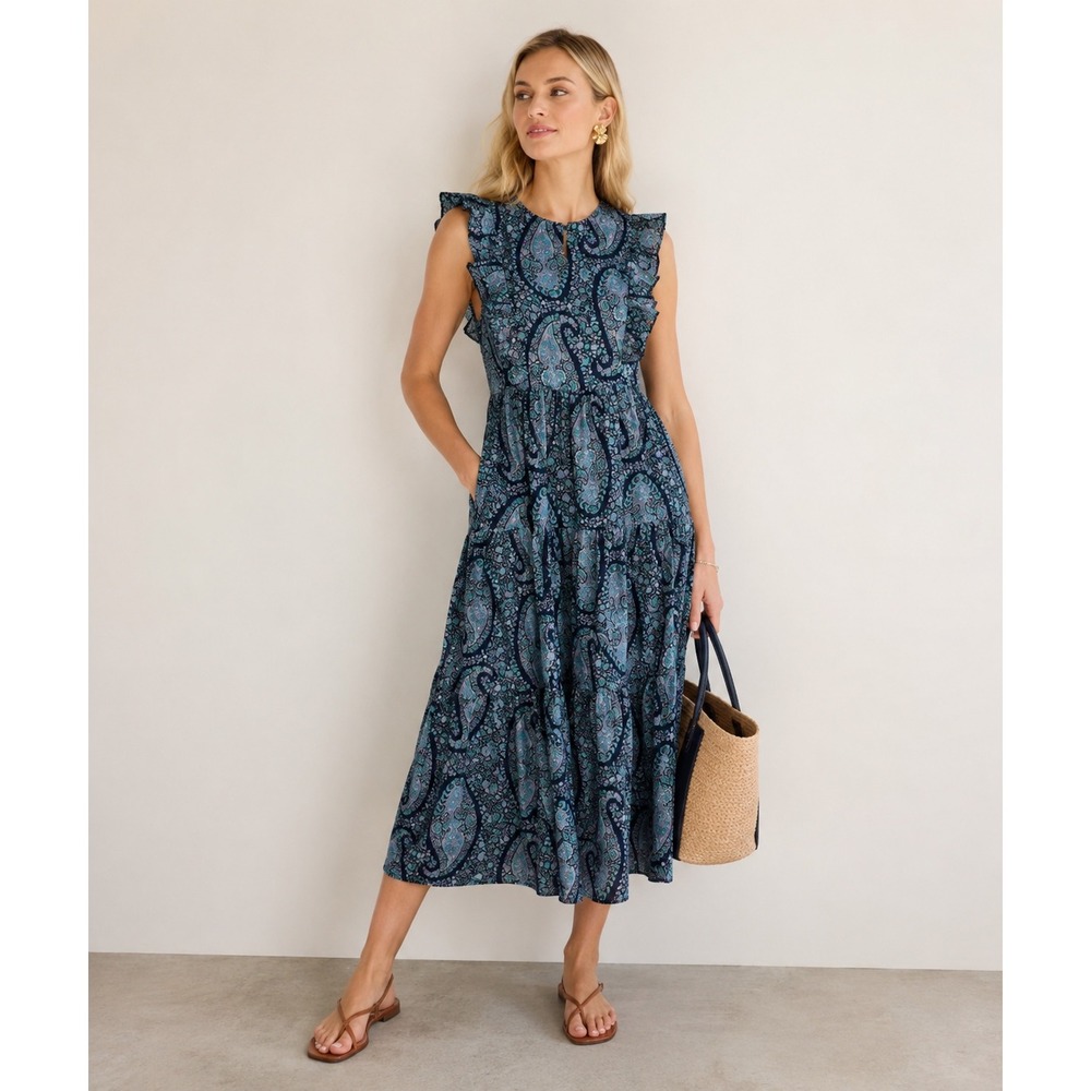 J.Crew Womens Blue Paisley‎ Tiered Ruffle Midi Dress B0664 Size 12P Petite